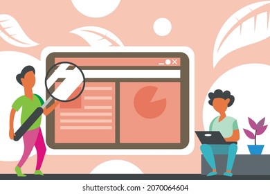 ilustración vectorial de un hombre está buscando algo en el sitio web usando una lupa, y su amigo está usando una laptop, perfecta para tecnología, computadora, internet, programador, etc.

