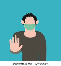 Die Vektorgrafik eines Mannes in einer Maske verwendet seine Hand als Symbol des Halt, perfekt für medizinische, gesundheitliche, Infografik, etc.