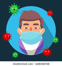 Illustration vector graphic of man with medical mask prevent from Coronavirus Covid-19.
Perfect for Medical brochure, Television health information, Medical Banner, Hospital, etc