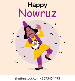 illustration vector graphic of a man with a mustache is dancing and beating a tambourine, perfect for international day, happy nowruz day, celebrate, greeting card, etc.