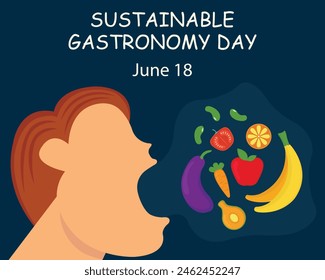 illustration vector graphic of a man opens his mouth to eat fruit, perfect for international day, sustainable gastronomy day, celebrate, greeting card, etc.