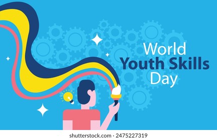 illustration vector graphic of a man paints a wall with a brush, perfect for international day, world youth skills day, celebrate, greeting card, etc.