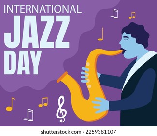 ilustración vectorial de un hombre está tocando el saxofón, mostrando notación musical, perfecto para un día internacional, un día internacional de jazz, celebrar, tarjetas de saludo, etc.
