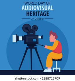 Die Vektorgrafik eines Mannes ist die Wiedergabe eines alten Filmprojektors, perfekt für den internationalen Tag, den Welttag des audiovisuellen Erbes, Feiern, Grußkarten, etc.

