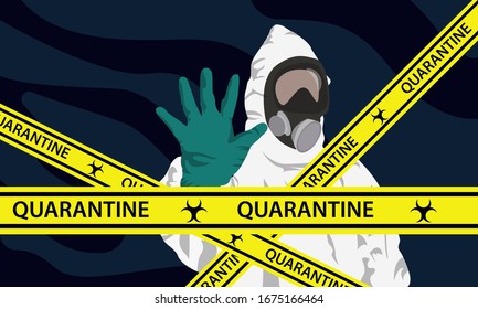 Illustration vector graphic of Man in protective white hazmat suit and protection masks to prevent epidemic MERS-CoV wuhan coronavirus 2019-nCoV pandemic with hand raised stop concept. 