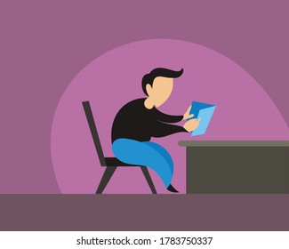 illustration vector graphic of a man is reading a book at the table in the room, perfect for poster, info graphic, background, advertisement, flat, etc.

