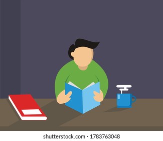 illustration vector graphic of a man reading book on the table showing coffe glass and book, perfect for education, poster, background, infographic, etc.