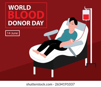 ilustração vetor gráfico de um homem está recebendo uma transfusão de uma bolsa de sangue, perfeito para o dia internacional, dia mundial de doador de sangue, comemorar, cartão de saudação, etc.