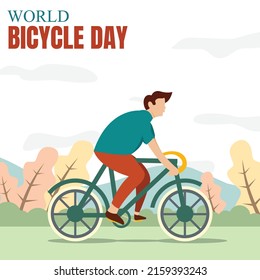 illustration vector graphic of a man riding a bicycle in the garden, perfect for world bicycle day, transportation, sport, celebrate, greeting card, etc