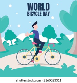 illustration vector graphic of a man riding a bicycle while letting go of his hands, perfect for world bicycle day, transportation, sport, celebrate, greeting card, etc.