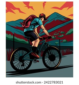 Gráfico vectorial de ilustración de un hombre montando una bicicleta, fondo de montaña