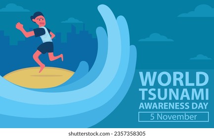 illustration vector graphic of a man running from the brunt of the tsunami waves, perfect for international day, world tsunami awareness day, celebrate, greeting card, etc.