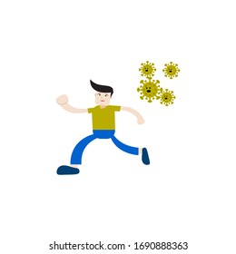 Illustration vector graphic of a man runs chased by viruses or bacteria.