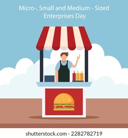 illustration vector graphic of a man selling burgers, perfect for international day, micro, small and medium, sized, enterprises day, celebrate, greeting card.