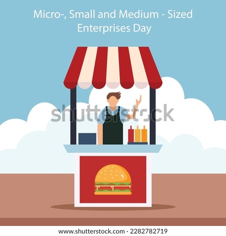 illustration vector graphic of a man selling burgers, perfect for international day, micro, small and medium, sized, enterprises day, celebrate, greeting card.