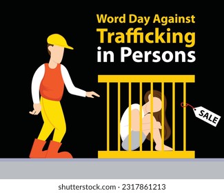 ilustración vectorial de un hombre vende una mujer en una jaula de hierro, perfecta para un día internacional, un día mundial contra la trata de personas, celebración, tarjeta de saludo, etc.