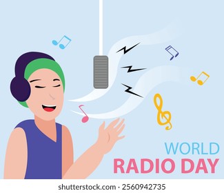 illustration vector graphic of a man is singing in the studio, perfect for international day, world radio day, celebrate, greeting card, etc.