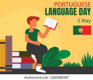 illustration vector graphic of a man sits on a book and reads a dictionary, perfect for international day, world portuguese language day, celebrate, greeting card, etc.