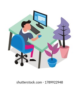 illustration vector graphic of a man is sitting working in front of a computer screen, around him there are several potted plants, perfect for info graphic, poster, background, etc.

