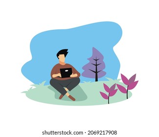 ilustración vectorial de un hombre sentado en el parque con una laptop, perfecta para tecnología, computadora, internet, red, etc.

