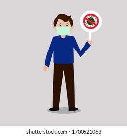Illustration Vektorillustration Graphic of Man Stand und halten Stopp Corona Virus Sign. Perfekt für Infografiken zum Corona-Virus