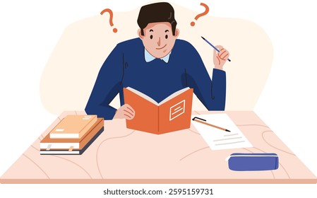 Illustration vector Graphic of man study hard with happy face