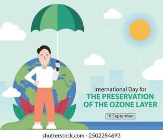 illustration vector graphic of a man uses an umbrella in hot weather, perfect for international day, the preservation of ozone layer, celebrate, greeting card, etc. - Powered by Shutterstock - Get 15% off with code: PIKWIZARD15