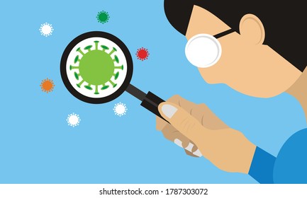 illustration vector graphic of a man is using a magnifying glass to see a small bacterial object in front of him to make it look big, perfect for info graphic, poster, background, etc

