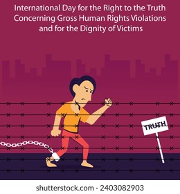 illustration vector graphic of a man is walking the path of truth with his feet chained, perfect for international day, right to the truth, concerning gross, human right violation, dignity, victims.