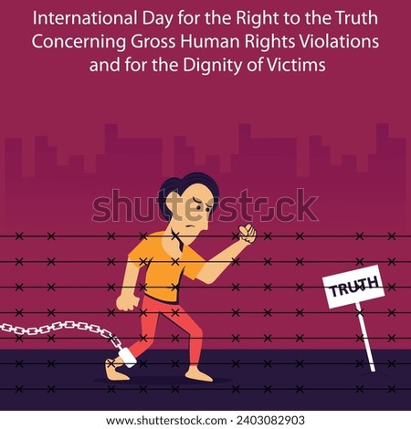 illustration vector graphic of a man is walking the path of truth with his feet chained, perfect for international day, right to the truth, concerning gross, human right violation, dignity, victims.