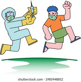 Illustration vector graphic of the man who ran away to get vaccinated good for poster, flyer, banner, etc