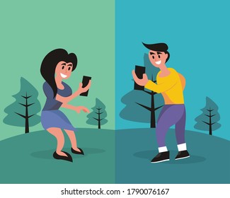 illustration vector graphic of man and woman use smartphone for video call to communication, perfect for info graphic, poster, background, etc.