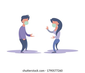 illustration vector graphic of man and woman social distancing and use face mask, perfect for info graphic, background, poster, medical, healthy, etc.
