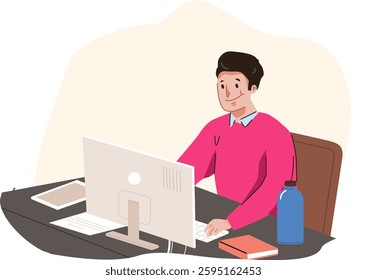 Illustration vector Graphic of man working in front of computer best for business with happy face
