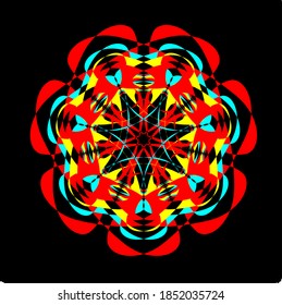 illustration vector graphic of mandala flower with red, blue, yellow color and black background