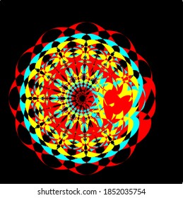 ilustración vectorial gráfico de la flor mandala con fondo rojo, azul, amarillo y negro