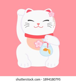 Illustration vector graphic of maneki neko with sakura accessories and gold fish