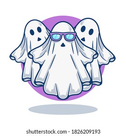 Ilustración vectorial gráfica de Fantasma Mascot Cute con lentes de ojos. Logo de la mascota de Halloween. Estilo de caricatura plano perfecto para pegatinas, papel pintado, icono, página de inicio, sitio web.