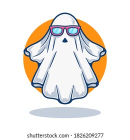 Illustration vector graphic of Mascot Cute Ghost with eyeglass. Logo Halloween mascot concept. Flat cartoon style perfect for sticker, wallpaper, icon, landing page, website.