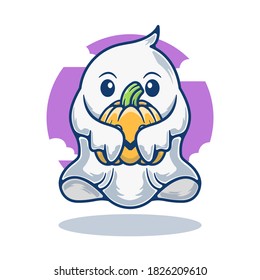 Illustration vector graphic of Mascot cute ghost holding pumpkin. Logo Halloween mascot concept. Flat cartoon style perfect for sticker, wallpaper, icon, landing page, website.
