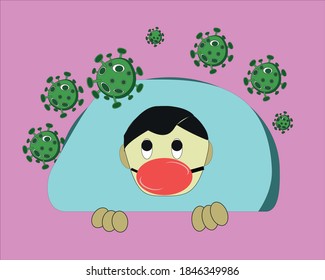 Illustration vector graphic of a masked boy hiding from the corona virus, perfect for health advertising, book page images, knowledge about the corona virus.