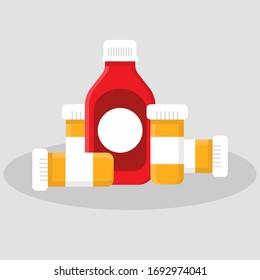 Illustration Vektorillustration Grafik von medic Flasche und Schmerzmittel mit flachem Stil.Dieser Stil hat Primärfarbe, Schatten und Highlight.Perfekt für Poster, Infografik und Animation im Krankenhaus oder Apotheke.