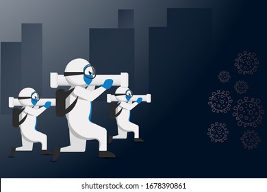 Illustration Vector Graphic of Medical Staff Wearing Hazmat Suit Fight Against Covid-19 on a Locked Down City. Perfect for Health Campaign during Coronavirus Pandemic Crisis.