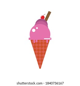 Illustration vector graphic of a melted pink ice cream cone with cherry topping and wafers. Good for ice cream product logos and stickers for children's books.