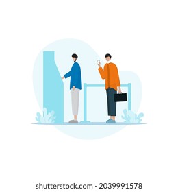 Illustration vector graphic of men in queue. Perfect for social media feed, wallpaper on the website, UI design, etc.