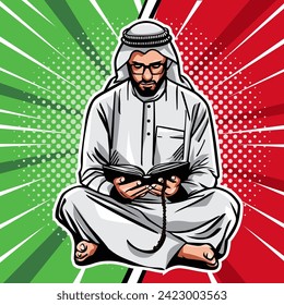 Illustration vector graphic of men reading quran, pop art style