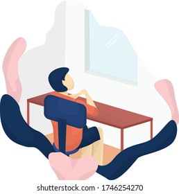 illustration vector graphic of a men staring out of his window while quarantine. Coronavirus prevention
