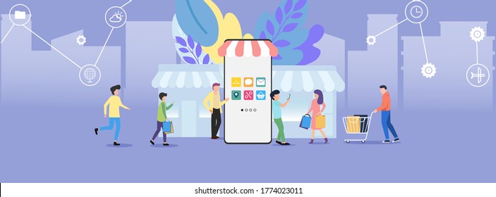 Illustration vector graphic of mobile app online shopping banner concept. Flat People Characters with Shopping Bags and smartphone. Vector illustration.