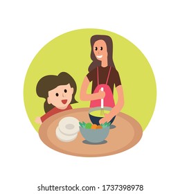 Illustration vector graphic of mom and daughter cooking soup at home. Fit for kids participating in cooking and chores around the house.