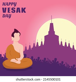 illustration vector graphic of a monk meditating in the temple grounds, perfect for religion, holiday, culture, vesak day, tradition, greeting card, etc.
